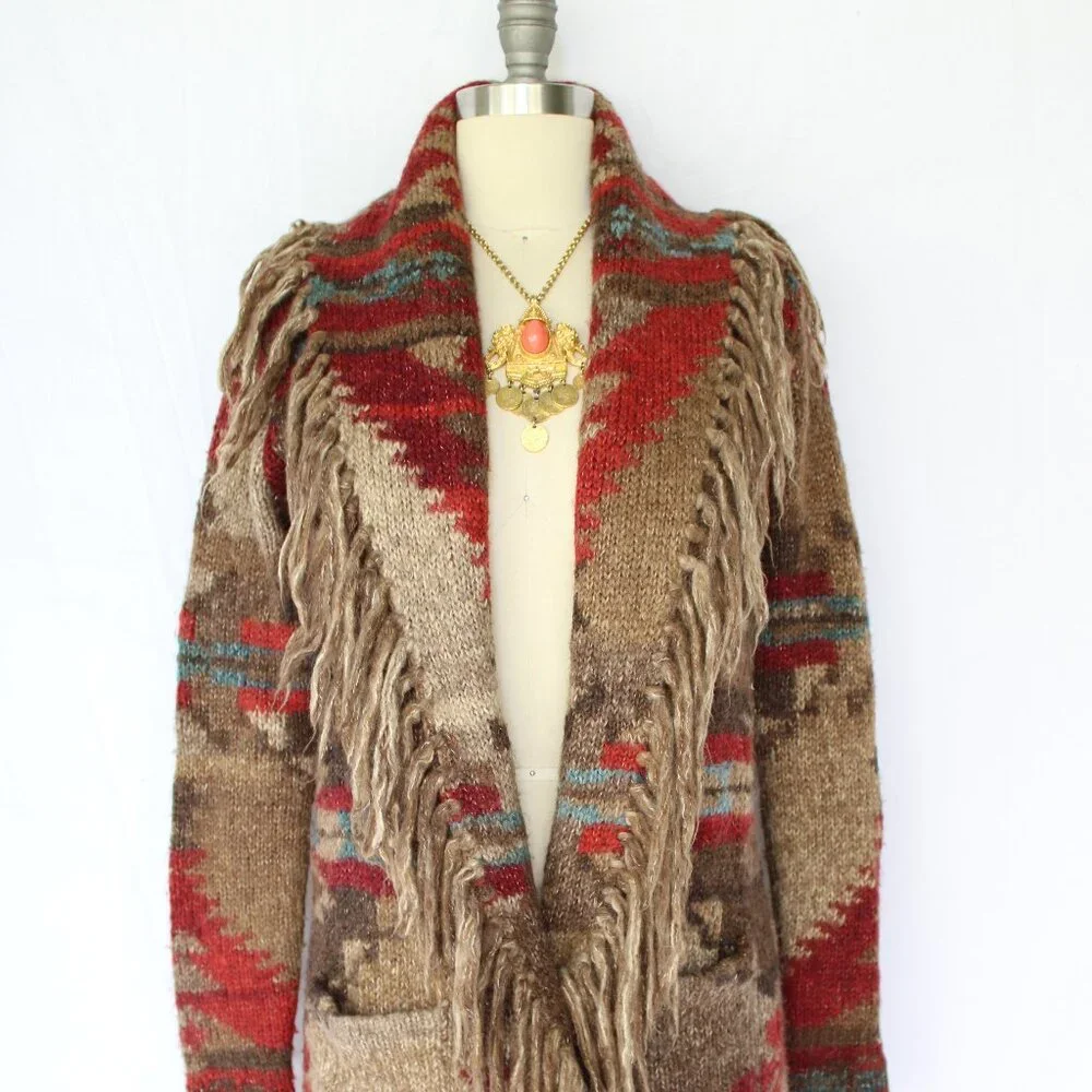 SOLD. RALPH LAUREN Denim Supply fringe polo RRL wool Aztec tribal Cardigan - Picture 5 of 10